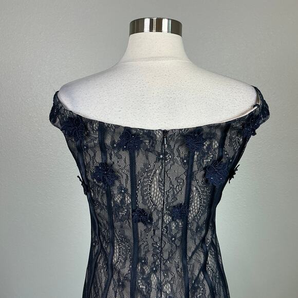 AQUA Off the Shoulder Sequined Floral Lace A-Line Evening Gown Blue Size 8 Dress - Picture 7 of 12